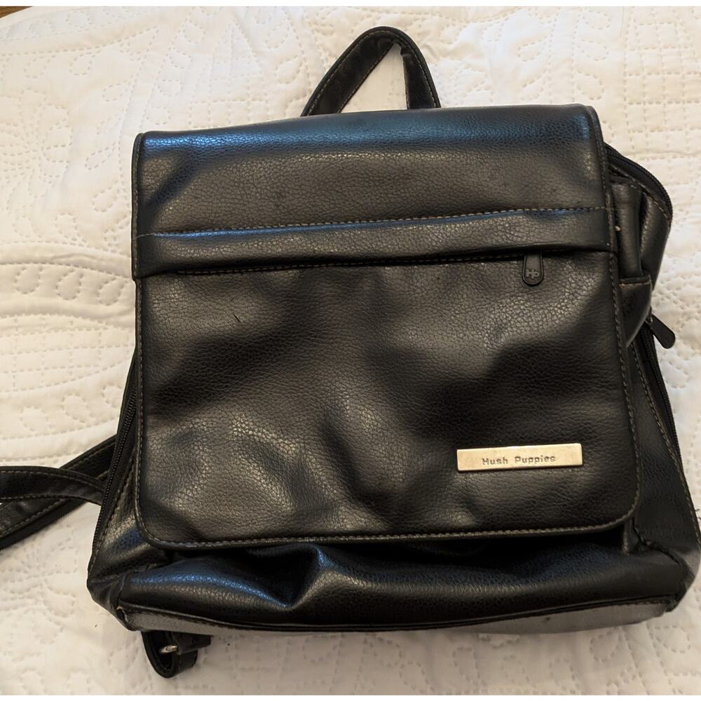 Hush Puppies VTG Black Leather Backpack, Zip & Button Closure, Adjustable Straps
